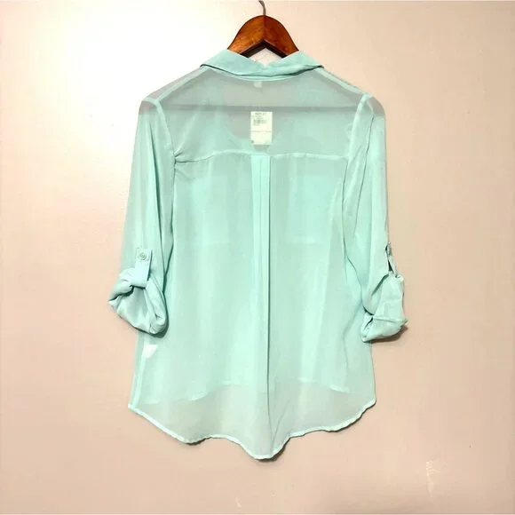 Y2K Light Aqua Sheer Button-Up Blouse Pockets & Roll-Up Sleeves By Pearl Size L - Picture 5 of 7